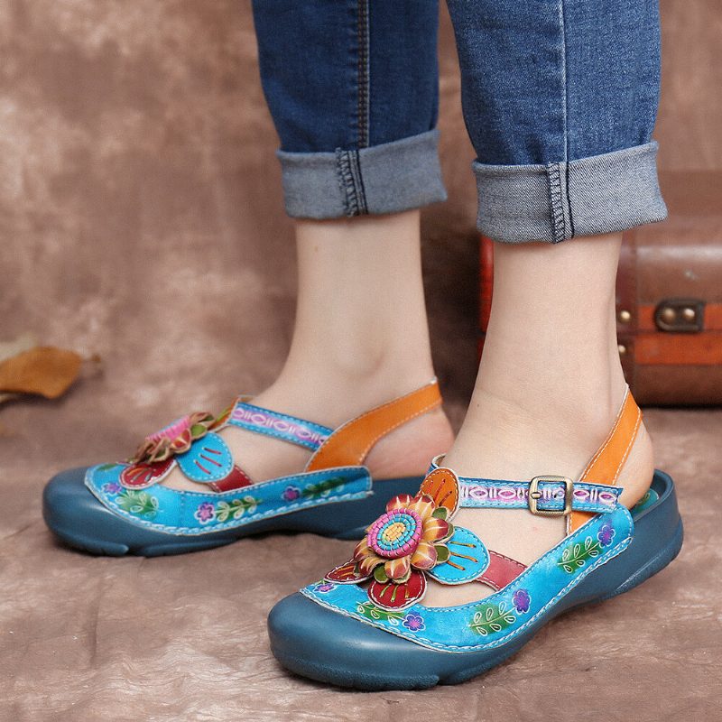 Håndlaget Lær Med Blomsterspenne Med Slingback Flate Sandaler Mules