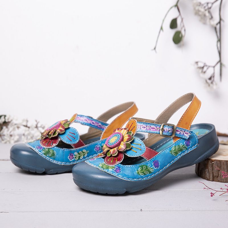 Håndlaget Lær Med Blomsterspenne Med Slingback Flate Sandaler Mules