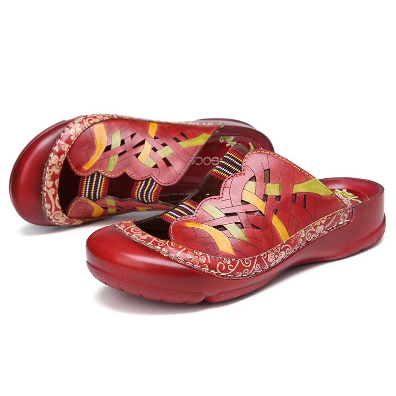 Håndlaget Skinn Med Blomster Elastisk Båndutskjæring Slip On Slides Flate Mules Sandaler