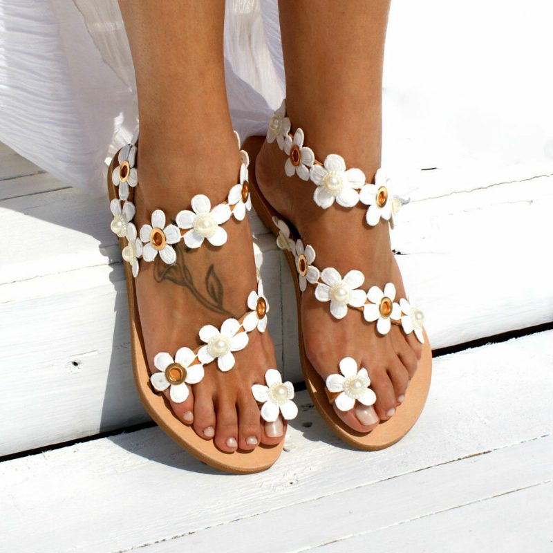 Kvinner Bohemia Flower Decro Beading Toe Ring Casual Summer Beach Flate Sandaler