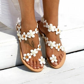 Kvinner Bohemia Flower Decro Beading Toe Ring Casual Summer Beach Flate Sandaler