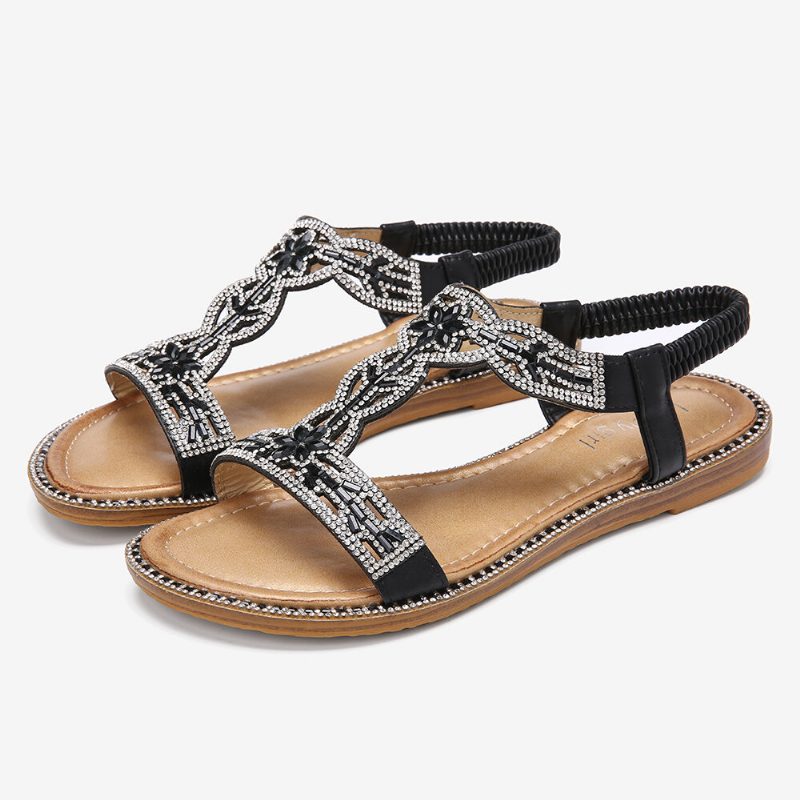 Kvinner Bohemia Rhinestone Hollow Elastisk Slip On Casual Sandaler