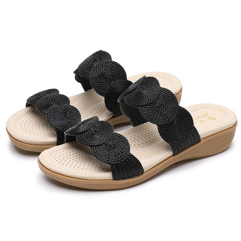 Kvinner Bohemian Double Band Woven Beach Casual Wedges Sandaler