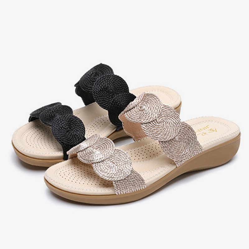 Kvinner Bohemian Double Band Woven Beach Casual Wedges Sandaler