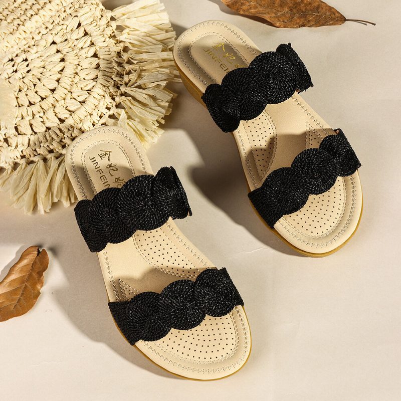 Kvinner Bohemian Double Band Woven Beach Casual Wedges Sandaler