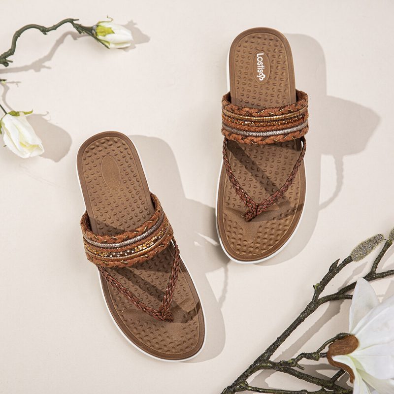 Kvinner Vevde Flip-flops Clip Toe Myk Såle Slip On Flate Sandaler