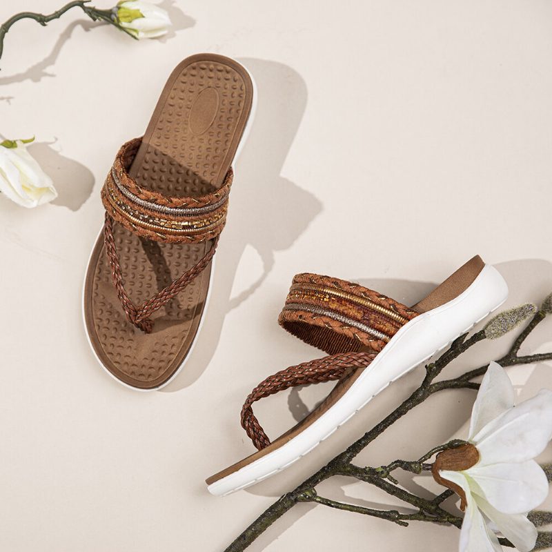 Kvinner Vevde Flip-flops Clip Toe Myk Såle Slip On Flate Sandaler