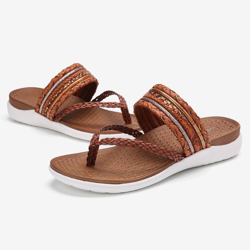 Kvinner Vevde Flip-flops Clip Toe Myk Såle Slip On Flate Sandaler