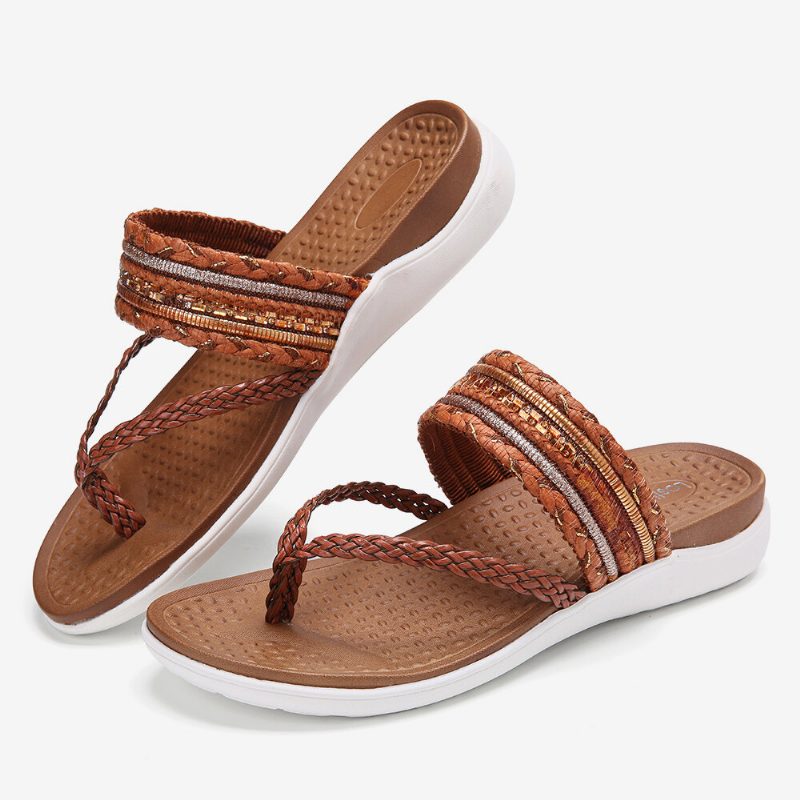 Kvinner Vevde Flip-flops Clip Toe Myk Såle Slip On Flate Sandaler