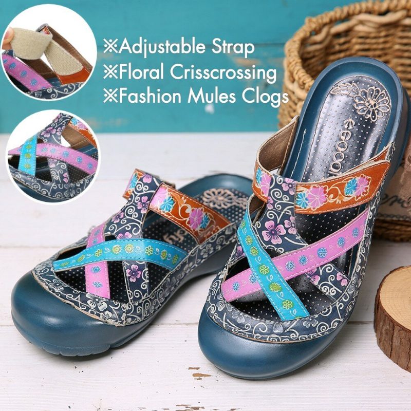 Lær Floral Kryssende Justerbar Stropp Slip-on Mules Clogs Flate Slides Sandaler