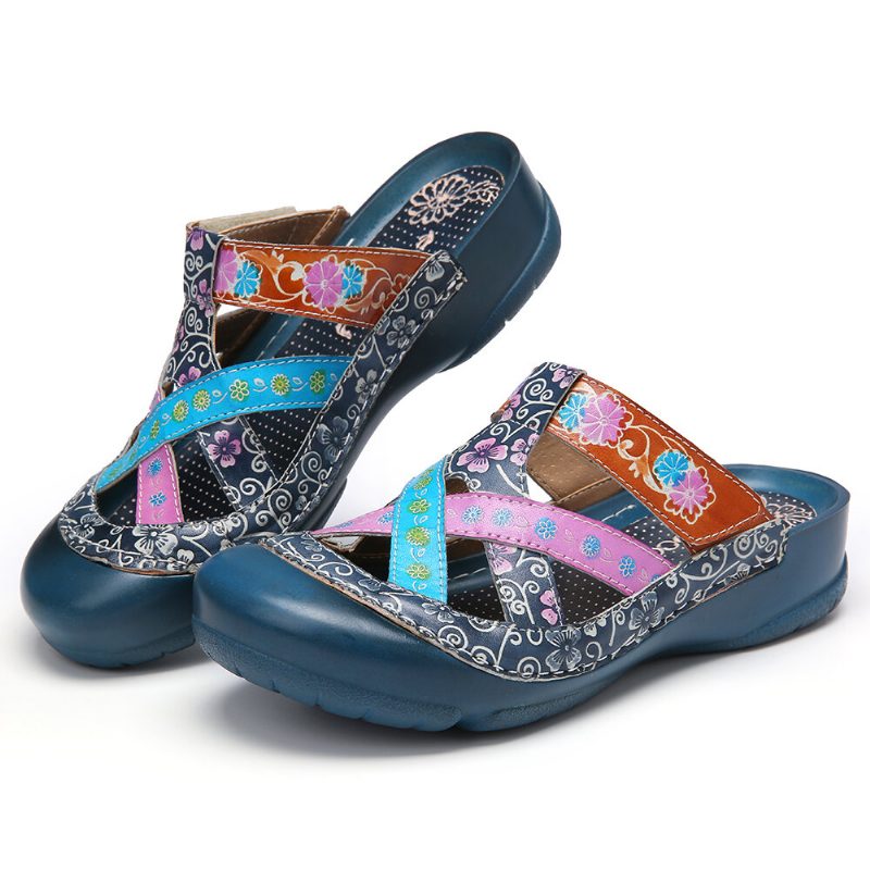 Lær Floral Kryssende Justerbar Stropp Slip-on Mules Clogs Flate Slides Sandaler