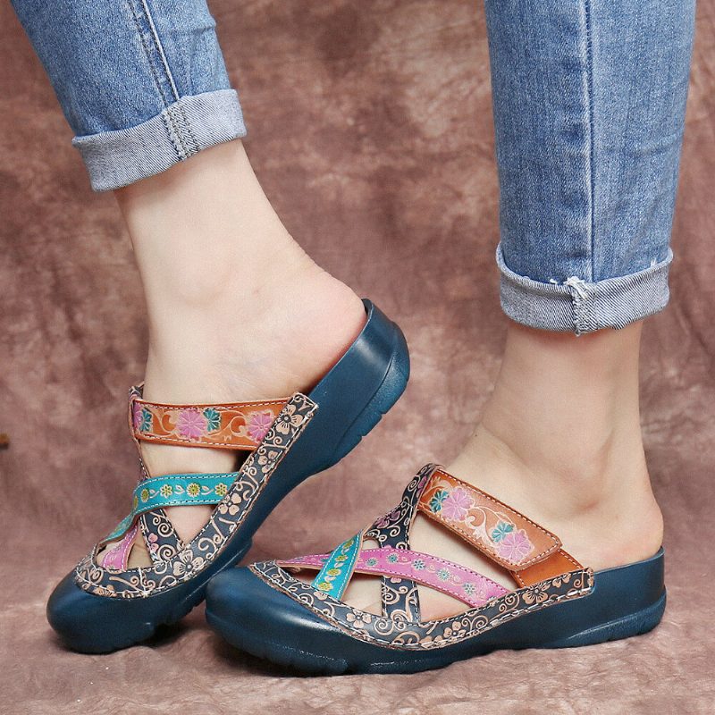 Lær Floral Kryssende Justerbar Stropp Slip-on Mules Clogs Flate Slides Sandaler