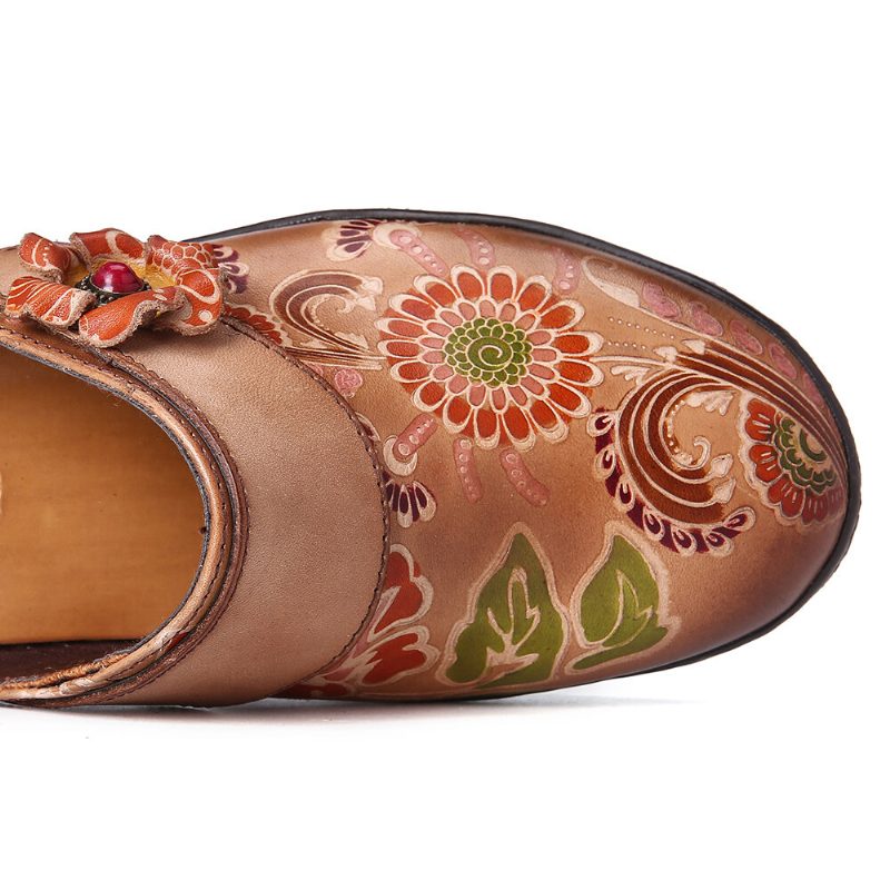 Retro Blomsterpreget Mønster Ekte Skinn Super Behagelige Slip-on-sko