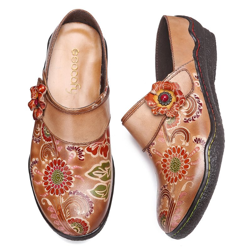 Retro Blomsterpreget Mønster Ekte Skinn Super Behagelige Slip-on-sko