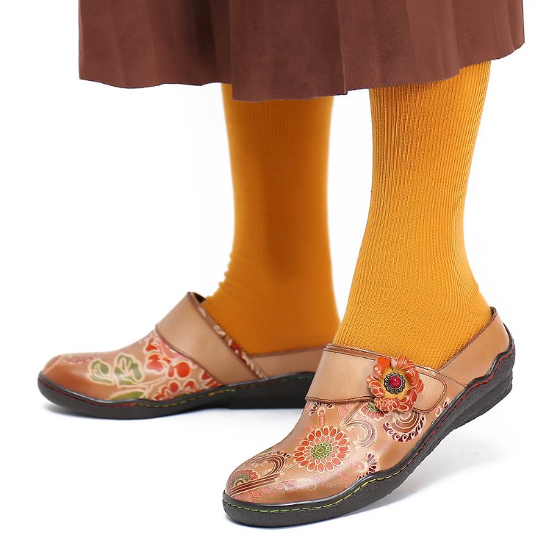 Retro Blomsterpreget Mønster Ekte Skinn Super Behagelige Slip-on-sko