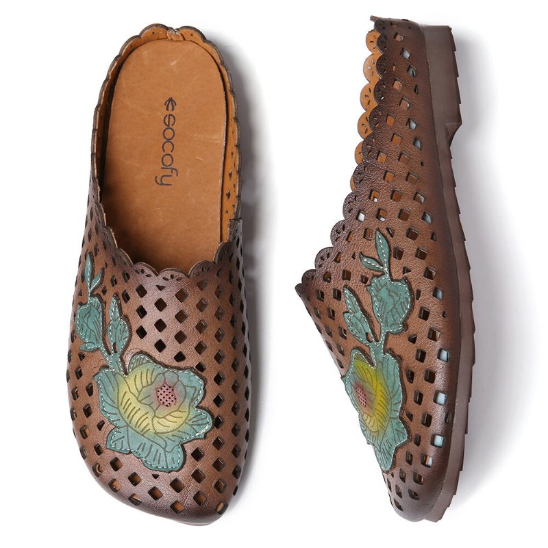 Retro Lær Blomster Applikasjonsutskjæringer Myke Flate Mules Tresko Slip-on Sandaler