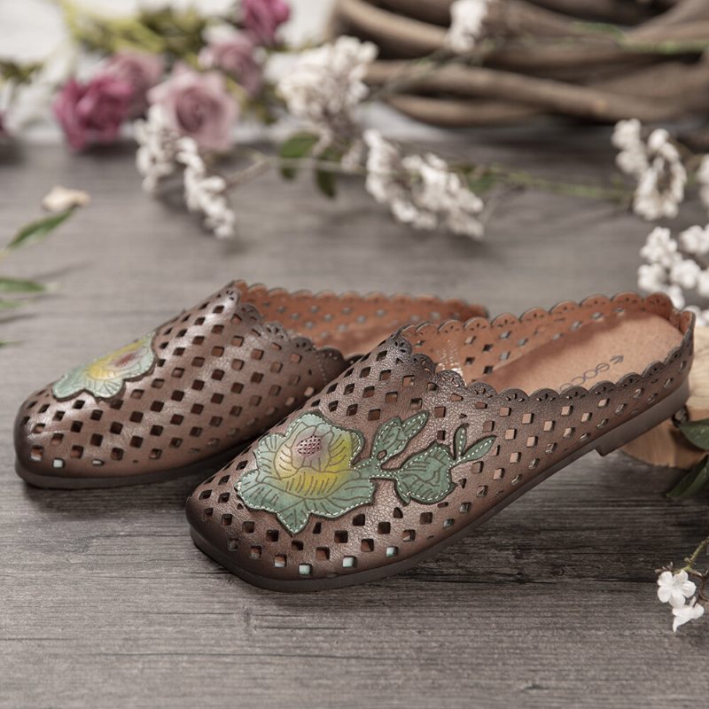 Retro Lær Blomster Applikasjonsutskjæringer Myke Flate Mules Tresko Slip-on Sandaler