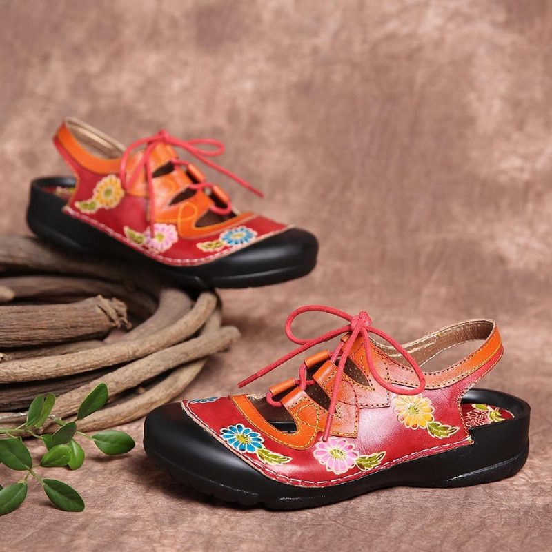 Skinn Floral Skjøteutskjæring Søm Snøring Slingback Mules Clogs Flate Sandaler