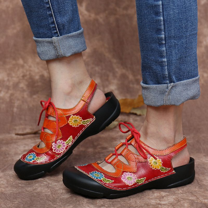 Skinn Floral Skjøteutskjæring Søm Snøring Slingback Mules Clogs Flate Sandaler