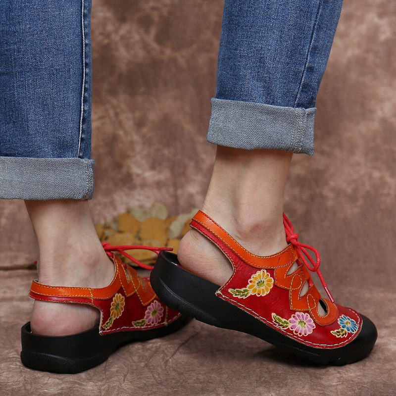 Skinn Floral Skjøteutskjæring Søm Snøring Slingback Mules Clogs Flate Sandaler