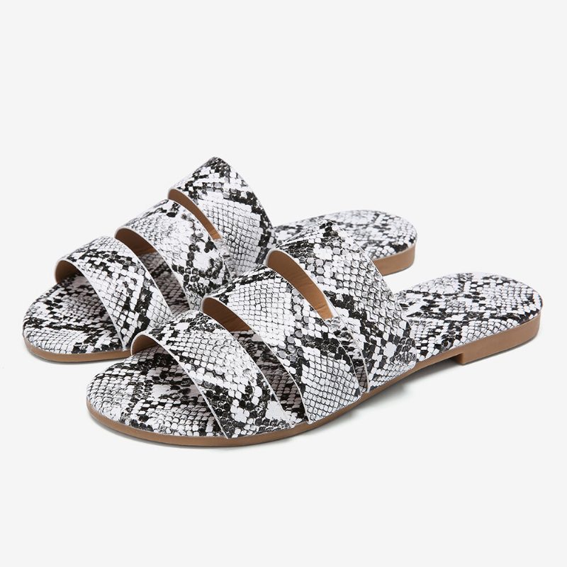 Snakeskin Printed Triple Belt Flate Sandaler