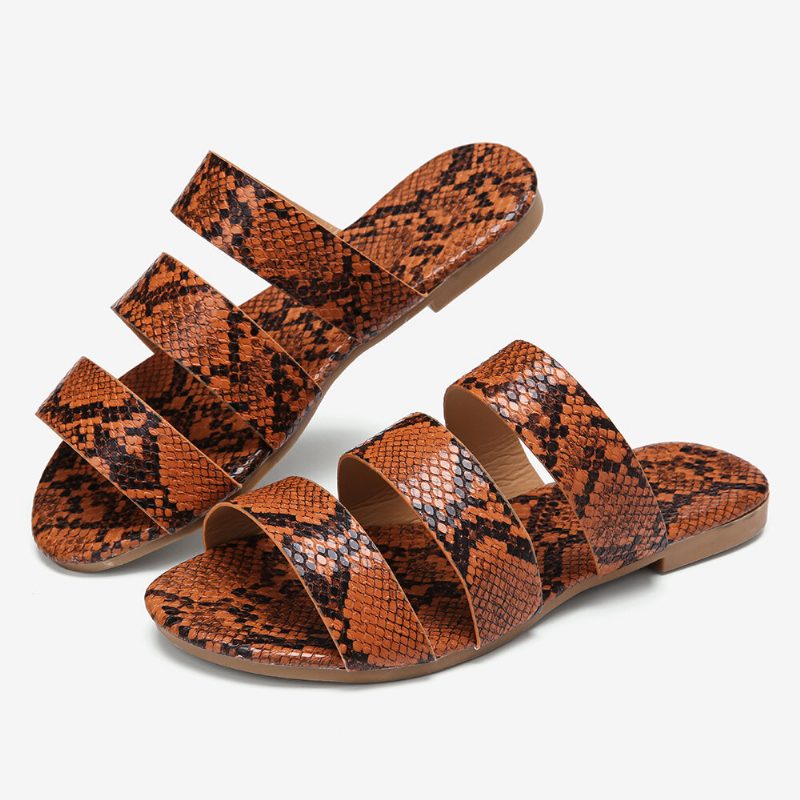 Snakeskin Printed Triple Belt Flate Sandaler