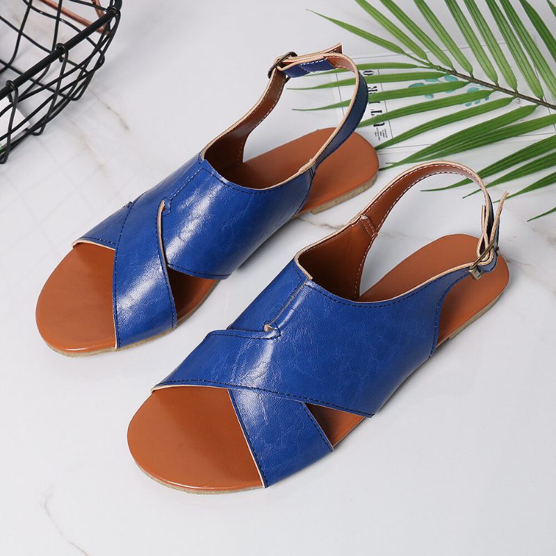 Wome Beach Peep Toe Cross Buckle Flats Sandaler