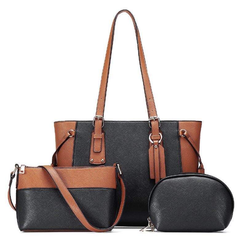 3 Stk Pu-skinn Vintage Farge-match Clutchveske Med Stor Kapasitet Crossbody-veske Skulderveske Håndveske