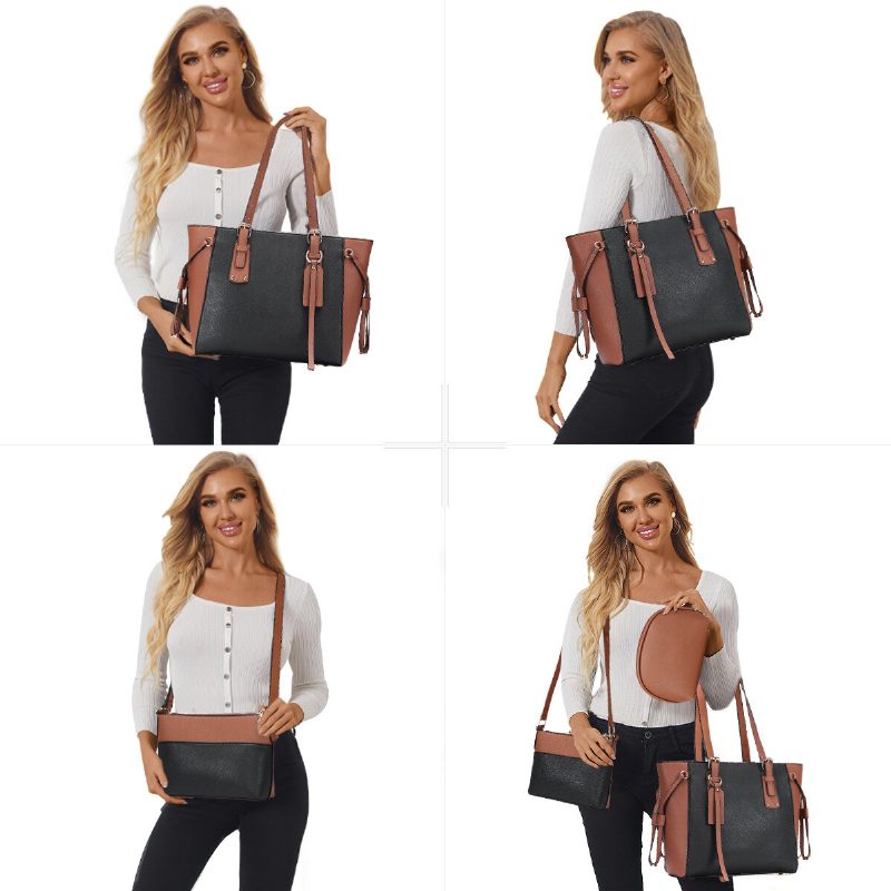 3 Stk Pu-skinn Vintage Farge-match Clutchveske Med Stor Kapasitet Crossbody-veske Skulderveske Håndveske