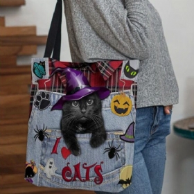 Dame Canvas Magic Hatter Tredimensjonal 3d Cute Black Cat Handbag Tote Skulderveske