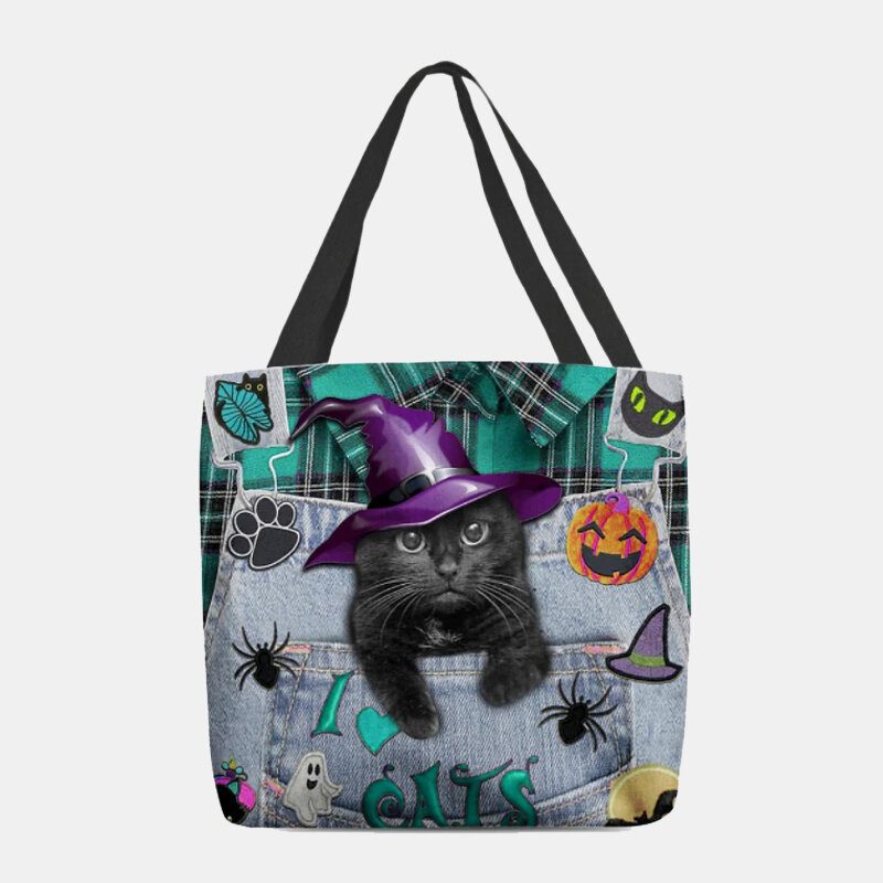 Dame Canvas Magic Hatter Tredimensjonal 3d Cute Black Cat Handbag Tote Skulderveske