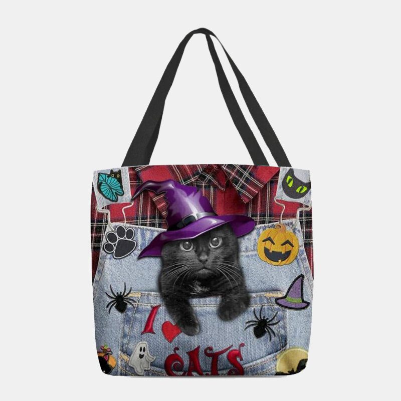 Dame Canvas Magic Hatter Tredimensjonal 3d Cute Black Cat Handbag Tote Skulderveske