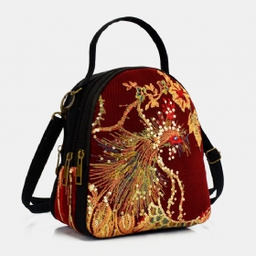 Dame Lerret Etnisk Stil Broderi Påfuglmønster Paljett Mini Multi-bære Veske Crossbody Bag