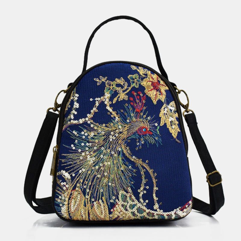 Dame Lerret Etnisk Stil Broderi Påfuglmønster Paljett Mini Multi-bære Veske Crossbody Bag