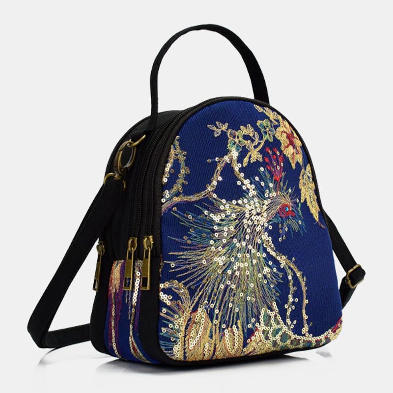 Dame Lerret Etnisk Stil Broderi Påfuglmønster Paljett Mini Multi-bære Veske Crossbody Bag