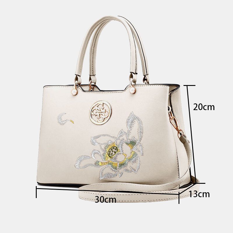 Dame Vintage Kinesisk Stil Gardenia Flower Brodered Handbag Stor Kapasitet Multi-lomme Multi-bære Pu Leahter Crossbody Bag