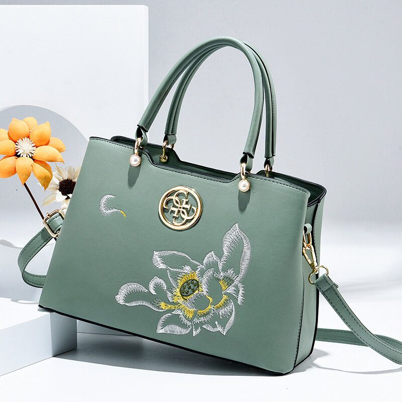 Dame Vintage Kinesisk Stil Gardenia Flower Brodered Handbag Stor Kapasitet Multi-lomme Multi-bære Pu Leahter Crossbody Bag