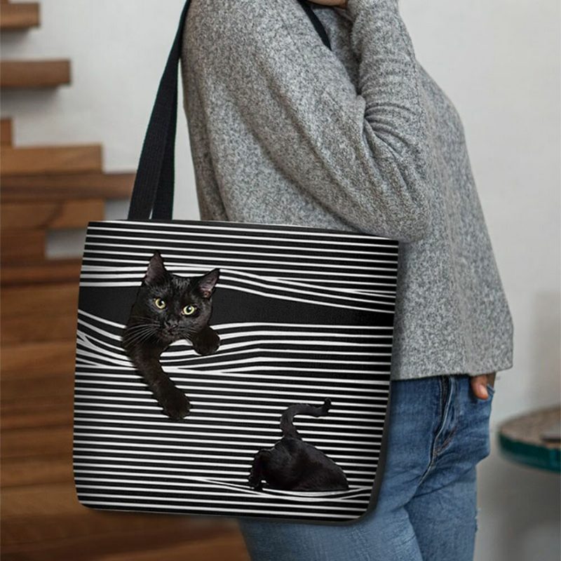 Kvinner Følte Søt 3d Tredimensjonal Black Cat Stripes Mønster Skulderveske Håndveske Tote