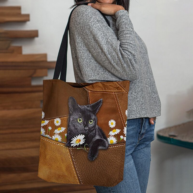 Kvinner Føltes Søt 3d Tredimensjonal Black Cat Daisy Pattern Skulderveske Håndveske Tote