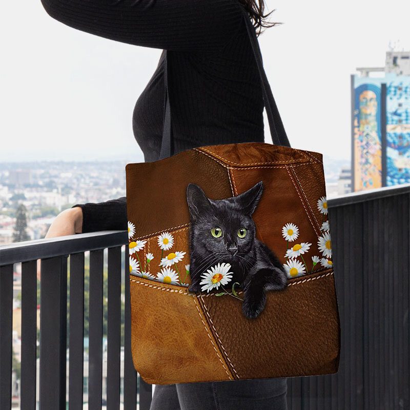 Kvinner Føltes Søt 3d Tredimensjonal Black Cat Daisy Pattern Skulderveske Håndveske Tote