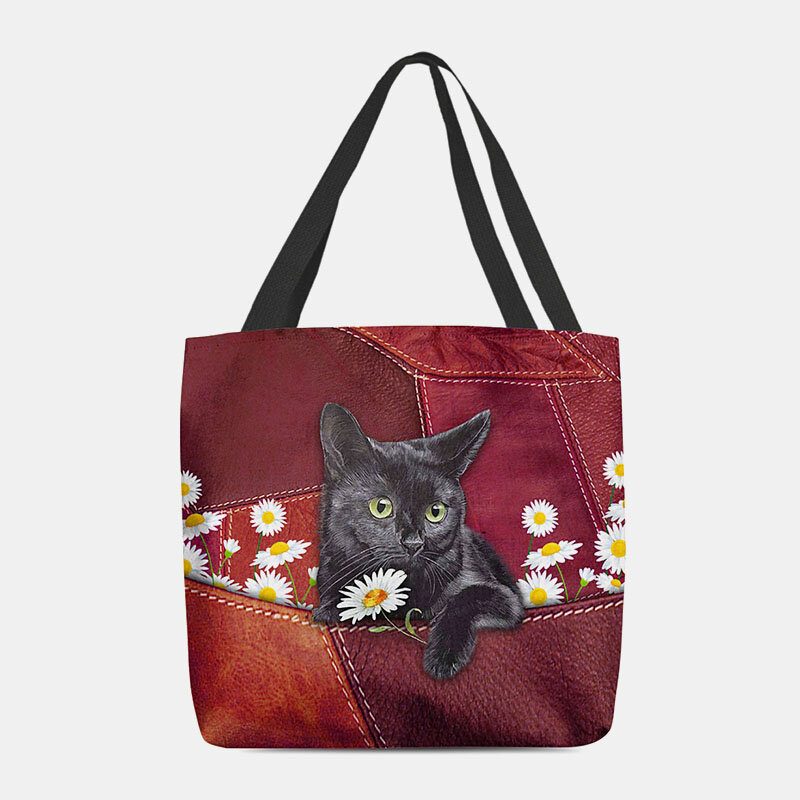 Kvinner Føltes Søt 3d Tredimensjonal Black Cat Daisy Pattern Skulderveske Håndveske Tote