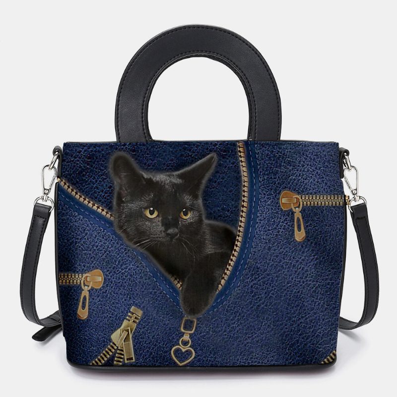 Kvinner Kunstskinn Tegneserie Svart Kattemønster Multi-bære Veske Crossbody Veske Satchel Bag