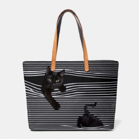 Kvinner Lerret Stripe Med Stor Kapasitet Tredimensjonal Tegneserie Cute Cat Håndveske Skulderveske Tote