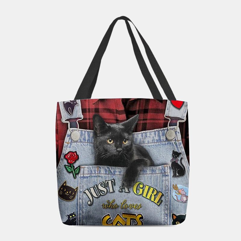 Kvinner Lerret Tredimensjonal 3d Cute Black Cat Handbag Tote Skulderveske