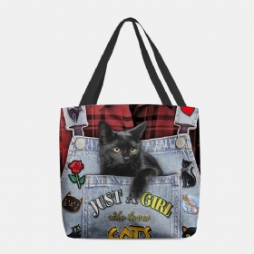 Kvinner Lerret Tredimensjonal 3d Cute Black Cat Handbag Tote Skulderveske