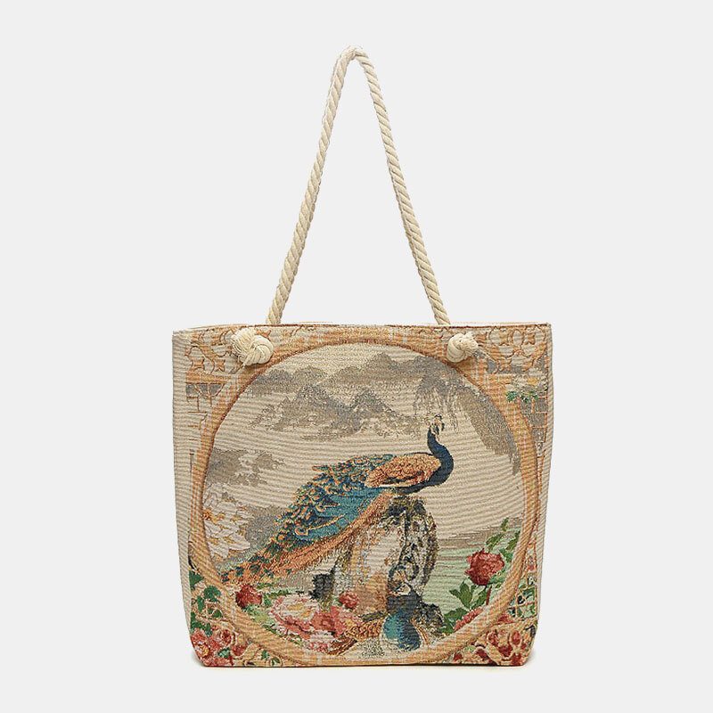 Kvinner Peacock Printed Canvas Tote Vesker Hangbag