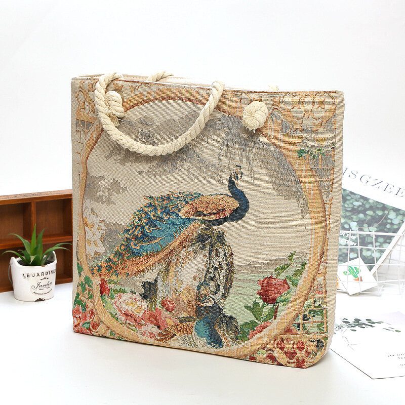 Kvinner Peacock Printed Canvas Tote Vesker Hangbag