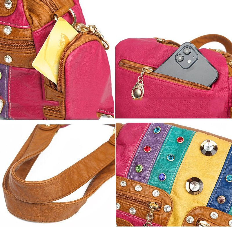 Kvinner Pu Lær Rhinestone Patchwork Vanntett Vintage Skulderveske Håndveske Tote Crossbody-vesker