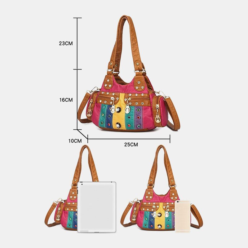 Kvinner Pu Lær Rhinestone Patchwork Vanntett Vintage Skulderveske Håndveske Tote Crossbody-vesker