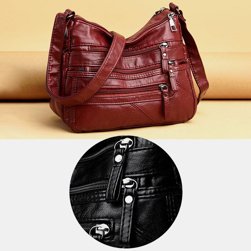 Kvinner Pu Leather Retro Casual Stor Kapasitet Fransk Håndveske Med Flere Lommer Crossbody-vesker